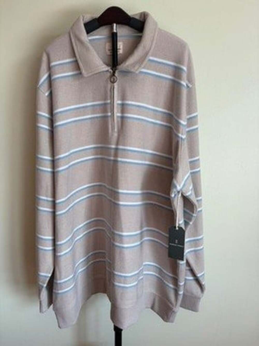 Mutual Weave Sweater Mens 3XLT Beige Striped Long Sleeve NWT Ribbed Cuffs Hem